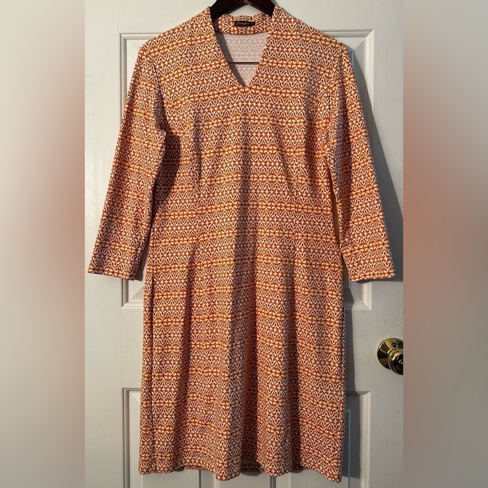 J. McLaughlin MED Spring Apricot Printed 3/4 Sleeve V Neck Sheath Dress Stretch